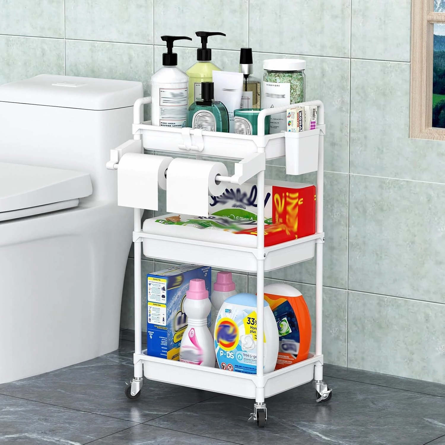SPACEKEEPER Rolling Storage Cart, 3 Tier Utility Cart Laundry Room Organization Mobile Shelving Unit Bathroom Organizer with Towel Rack, Lockable Wheel, Hooks & Cup for Kitchen Office, White