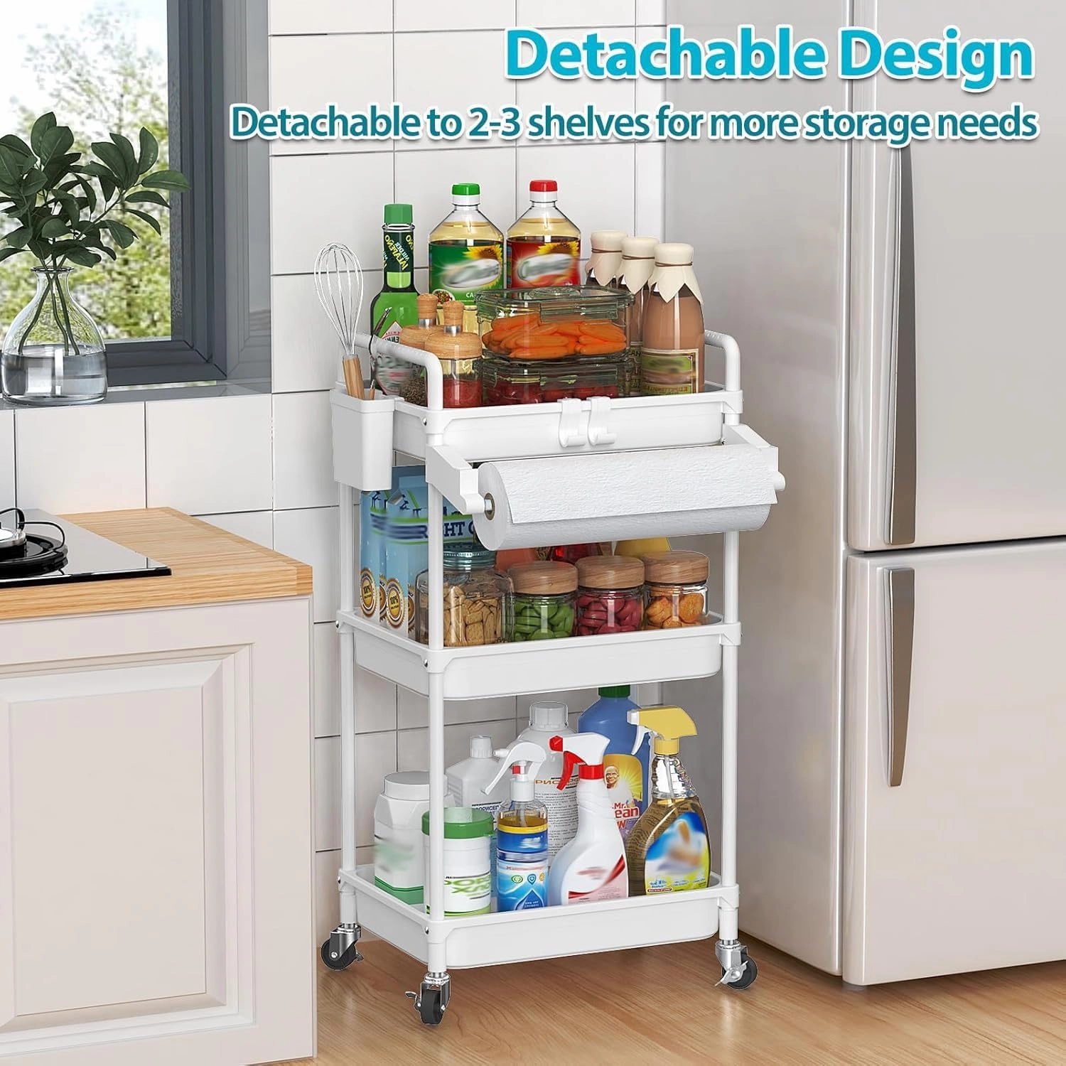 SPACEKEEPER Rolling Storage Cart, 3 Tier Utility Cart Laundry Room Organization Mobile Shelving Unit Bathroom Organizer with Towel Rack, Lockable Wheel, Hooks & Cup for Kitchen Office, White