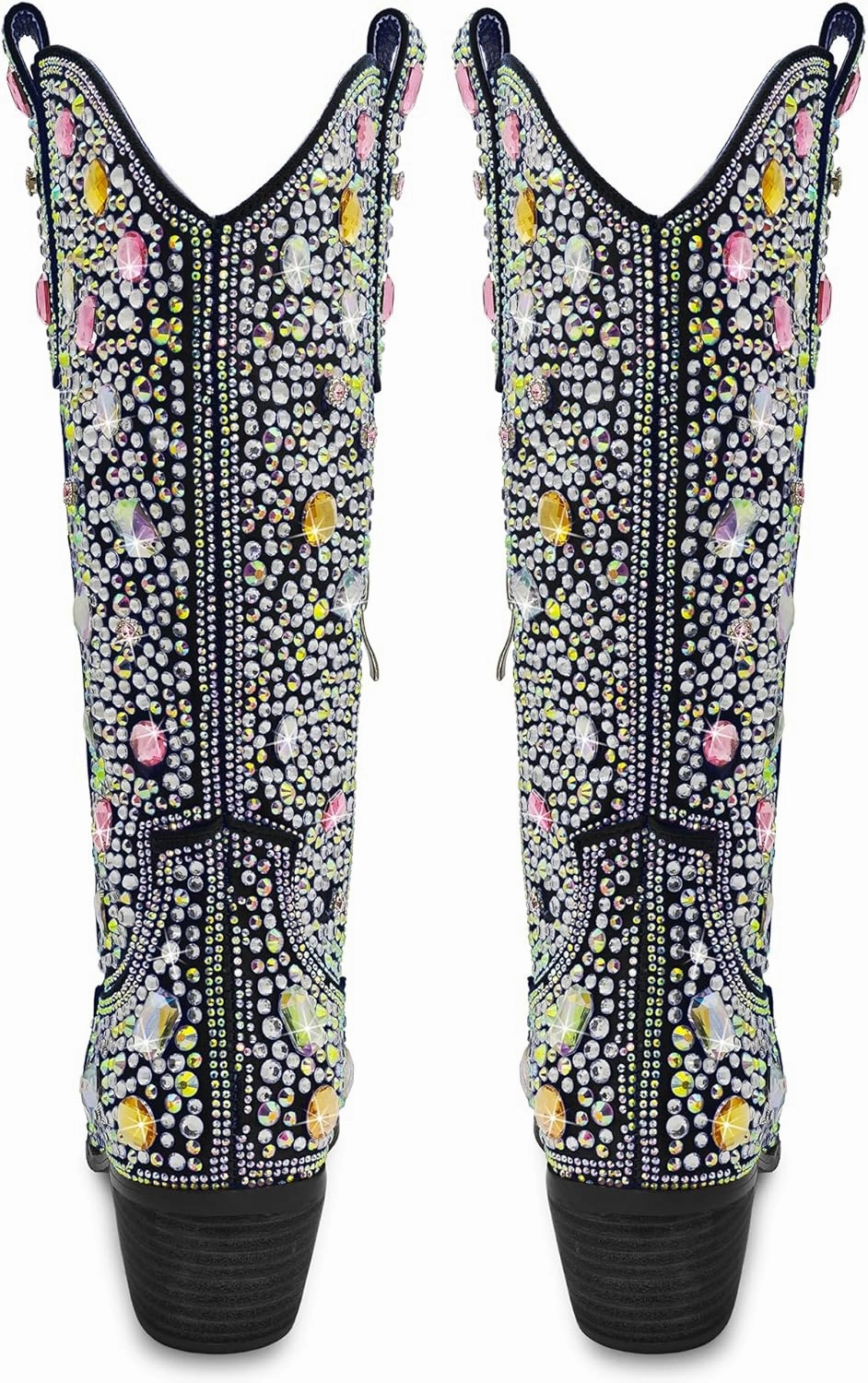 Sparkle Rhinestone Cowboy Boots for Women Mid Calf Western Wide Calf Short Cowgirl Boots Fashion Pointed Toe Glitter Bling Pull on Zipper Chunky Boots Retro Classic Wedding Party