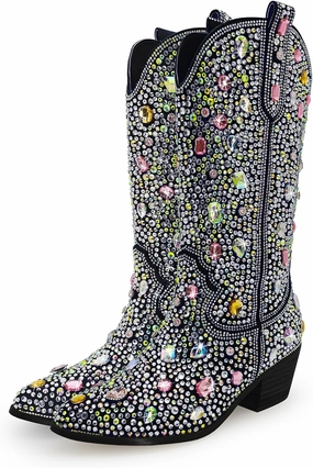 Sparkle Rhinestone Cowboy Boots for Women Mid Calf Western Wide Calf Short Cowgirl Boots Fashion Pointed Toe Glitter Bling Pull on Zipper Chunky Boots Retro Classic Wedding Party
