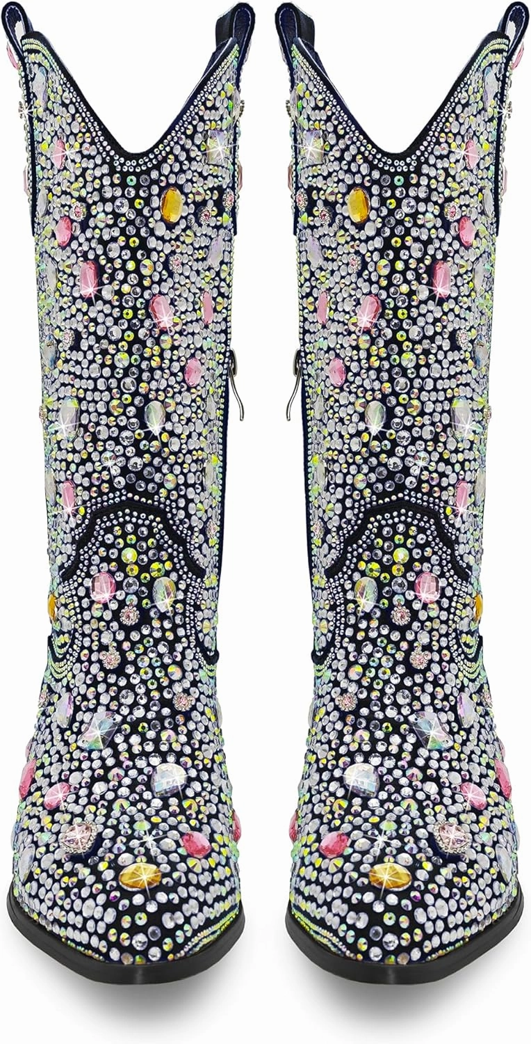 Sparkle Rhinestone Cowboy Boots for Women Mid Calf Western Wide Calf Short Cowgirl Boots Fashion Pointed Toe Glitter Bling Pull on Zipper Chunky Boots Retro Classic Wedding Party