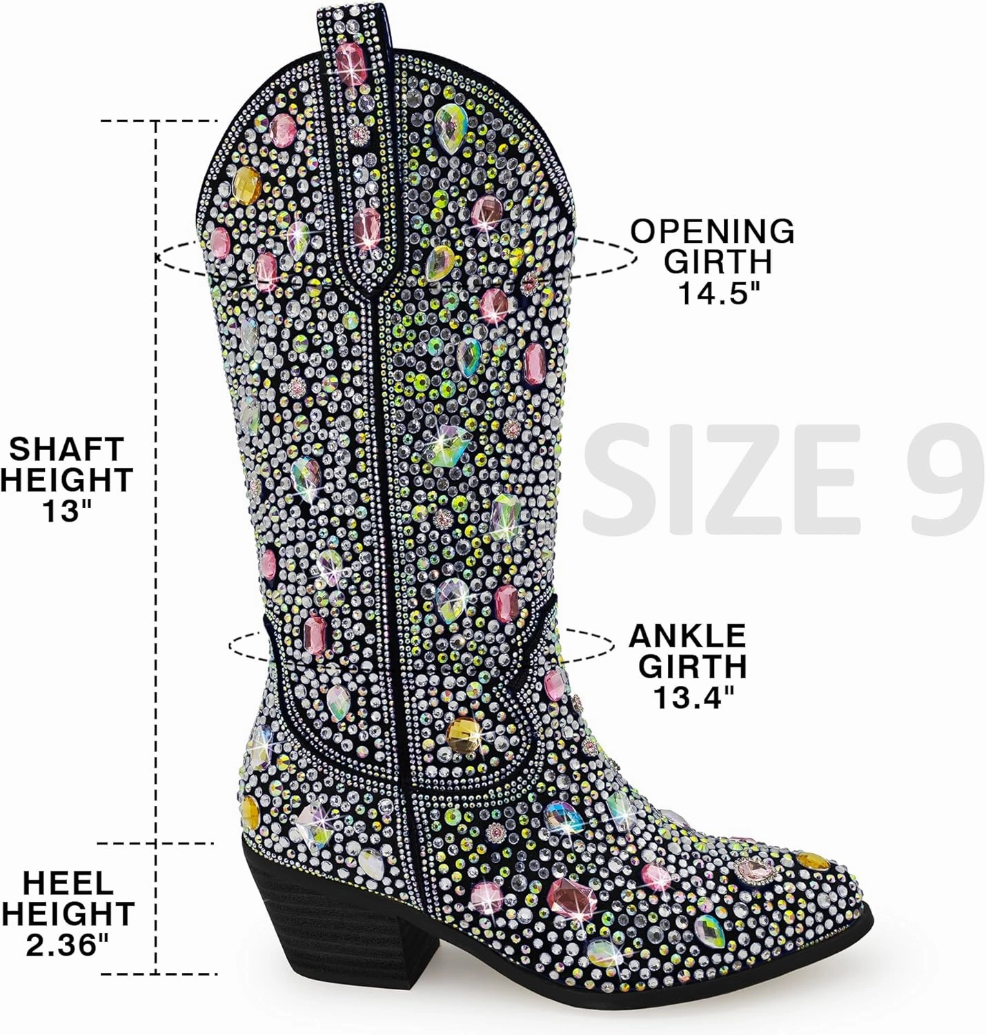 Sparkle Rhinestone Cowboy Boots for Women Mid Calf Western Wide Calf Short Cowgirl Boots Fashion Pointed Toe Glitter Bling Pull on Zipper Chunky Boots Retro Classic Wedding Party