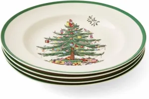 Spode Christmas Tree 10.5" Dinner Plate (Set of 4) - Festive Holiday Stoneware Plate with Christmas Tree & Green Borders, Microwave, Dishwasher, Freezer, Oven Safe - Collectible Holiday Tableware
