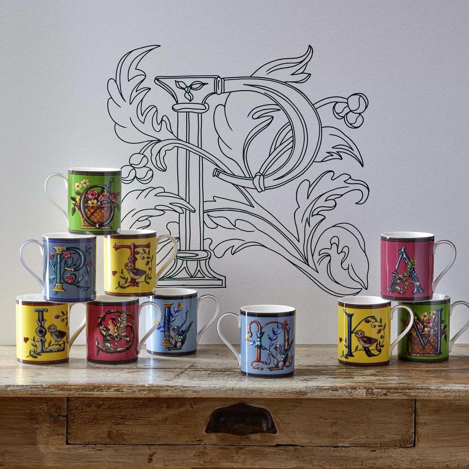 Spode Kit Kemp 12oz Alphabet Mug | Letter S- Unique Stylish Pattern | Fine China | Dishwasher Safe | For Coffee and Tea | Fabulous Gift | Home or Office Use