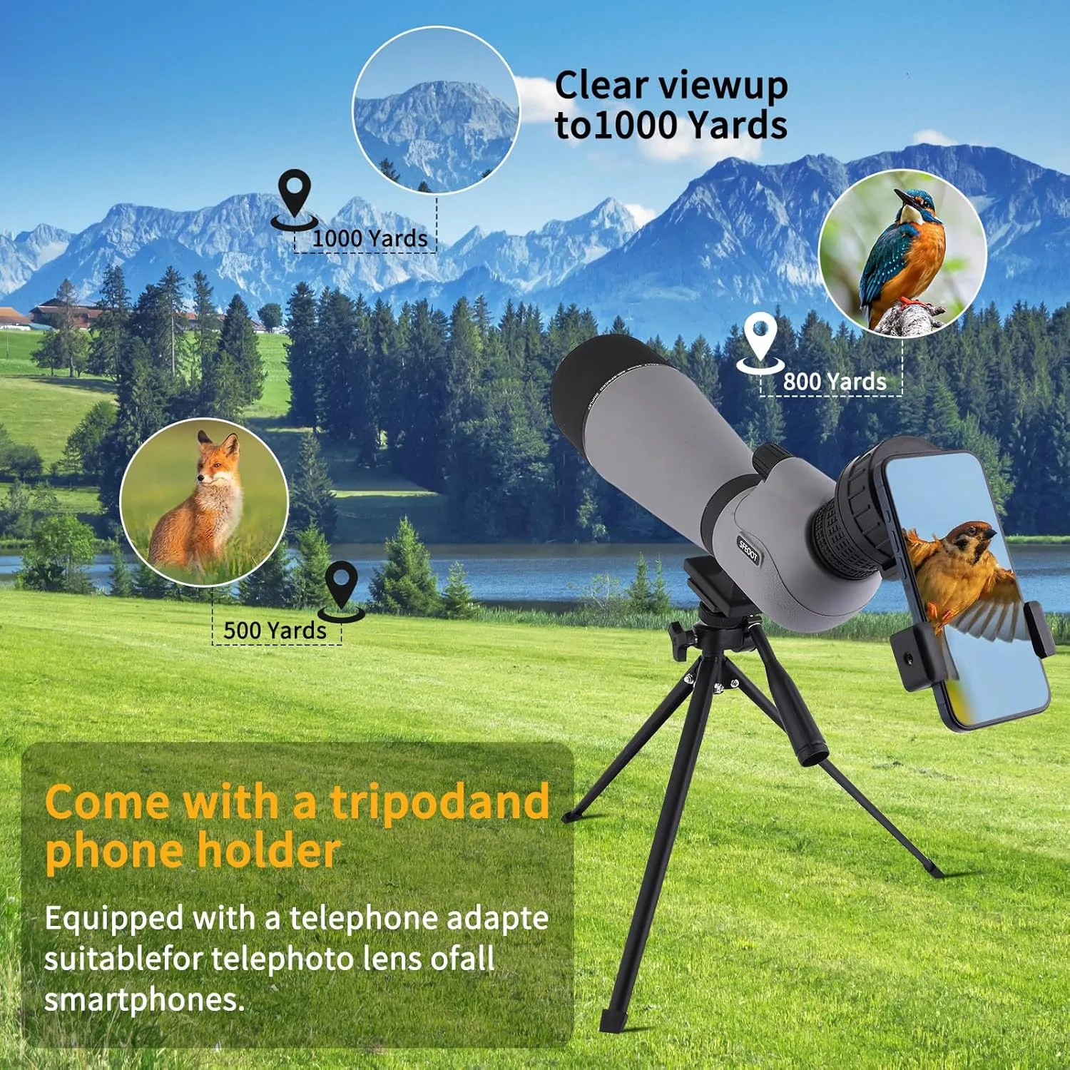Spotting Scope 25-75x80 HD with Tripod Carrying Pouch and Quick Cell Phone Holder, Clear Image with BAK4 Prism Spotting Scopes for Target Shooting, Bird Watching, Hunting, Wildlife Viewing (Gray)