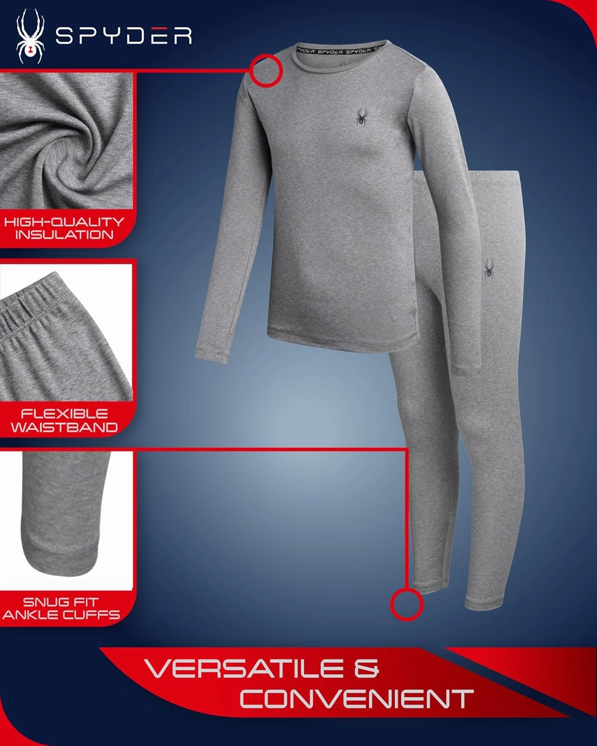 Spyder Kids Thermal Underwear Set - 2 Piece Brushed Back Fleece Lined Long Johns Base Layer Set for Boys and Girls (4-18)