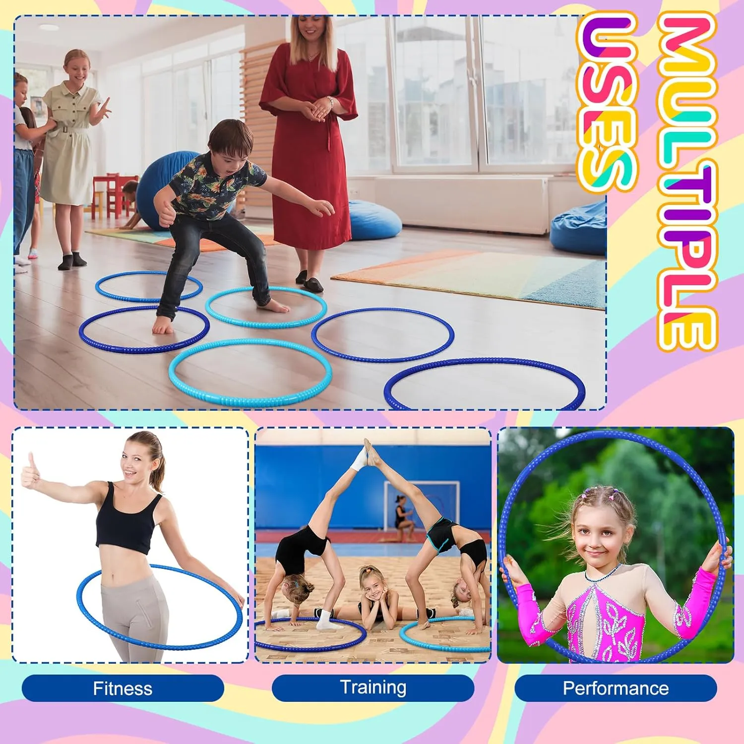 Sratte 12 Pcs Toy Hoop for Kid Detachable Adjustable Toy Hoop Colored Exercise Ring Plastic Circle for Kid Teen Gymnastics Equipment Require Self Assembly (28 Inch,Blue Series)