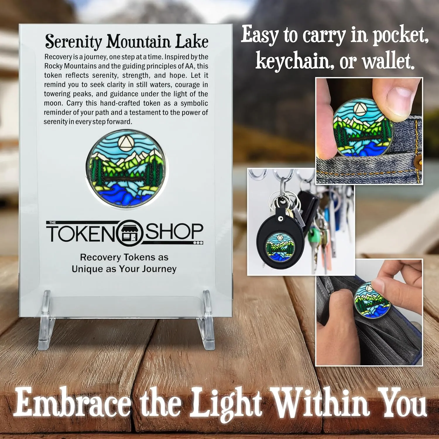 Stained Glass AA Coin, Scenic Journey Alcoholics Anonymous Addiction Recovery Sobriety Chip Medallion, Inspirational Sober Gifts for Men and Women by the Token Shop (Serenity Mountain Lake)