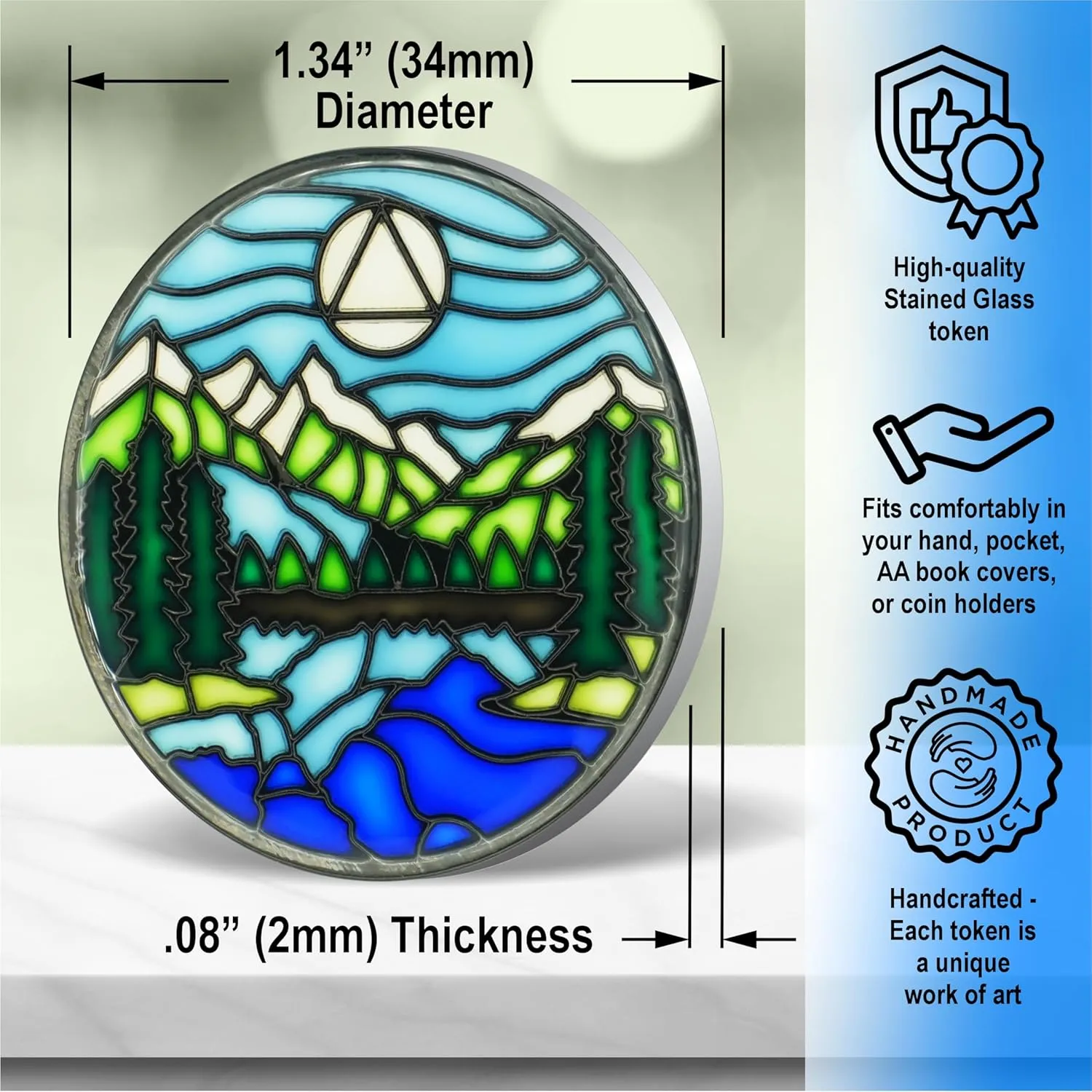 Stained Glass AA Coin, Scenic Journey Alcoholics Anonymous Addiction Recovery Sobriety Chip Medallion, Inspirational Sober Gifts for Men and Women by the Token Shop (Serenity Mountain Lake)