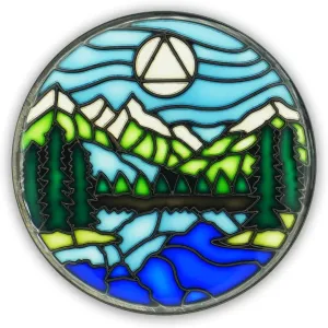 Stained Glass AA Coin, Scenic Journey Alcoholics Anonymous Addiction Recovery Sobriety Chip Medallion, Inspirational Sober Gifts for Men and Women by the Token Shop (Serenity Mountain Lake)