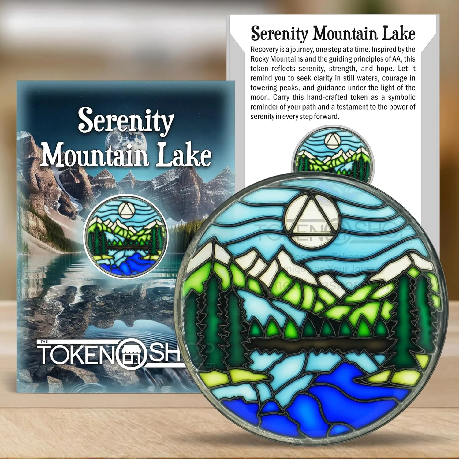 Stained Glass AA Coin, Scenic Journey Alcoholics Anonymous Addiction Recovery Sobriety Chip Medallion, Inspirational Sober Gifts for Men and Women by the Token Shop (Serenity Mountain Lake)