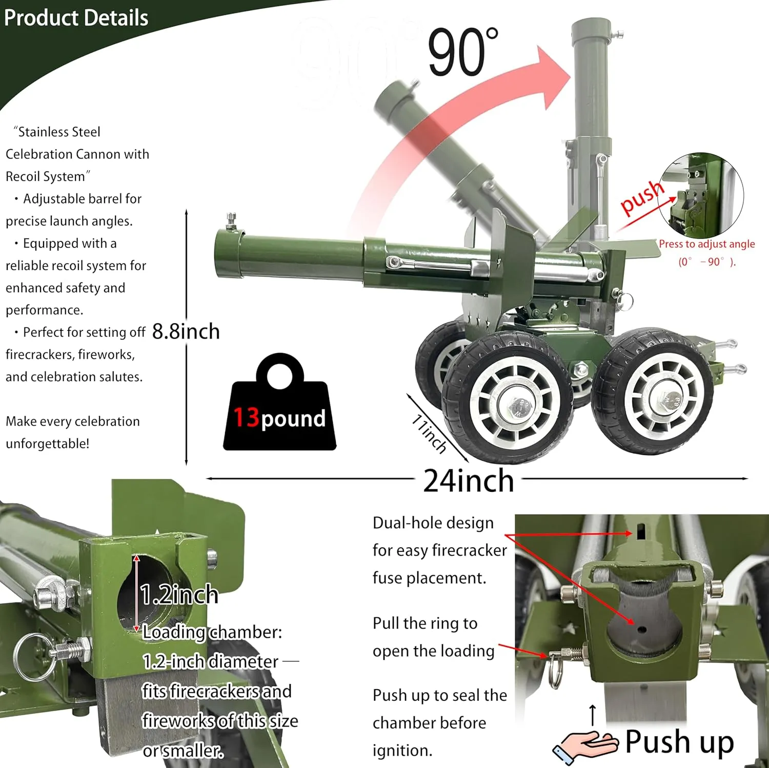 Stainless Steel Mini Cannon Model 24 Inches 13 lbs – A Colossal Firecracker Launcher with Adjustable Angle, Perfect for Celebrations, Outdoor Display, and Collectors’ Showcase