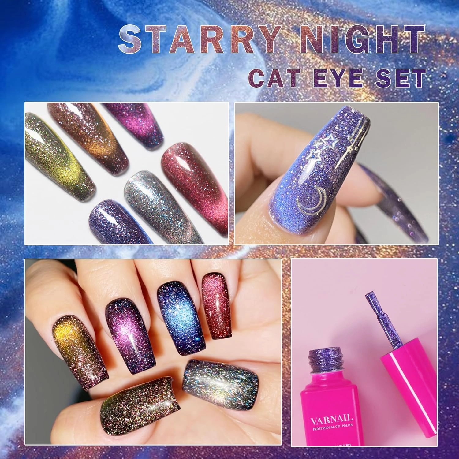 Starry Night Cat Eye Gel Polish Set 6 Colors with FREE Base Top Coat, Glitter 9D Holographic Gel with Magnet, Salon Quality Cat Eye Nail Nail Polish Set