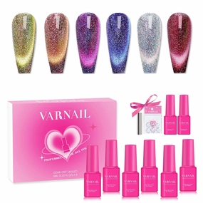 Starry Night Cat Eye Gel Polish Set 6 Colors with FREE Base Top Coat, Glitter 9D Holographic Gel with Magnet, Salon Quality Cat Eye Nail Nail Polish Set
