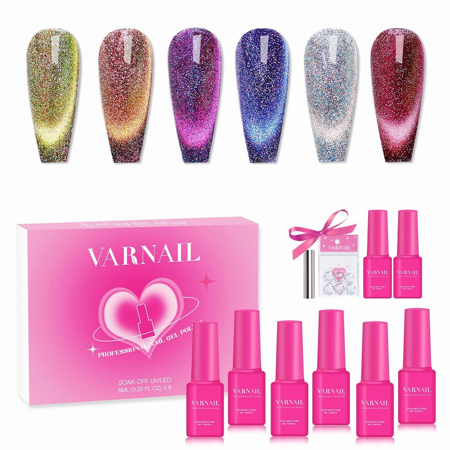 Starry Night Cat Eye Gel Polish Set 6 Colors with FREE Base Top Coat, Glitter 9D Holographic Gel with Magnet, Salon Quality Cat Eye Nail Nail Polish Set