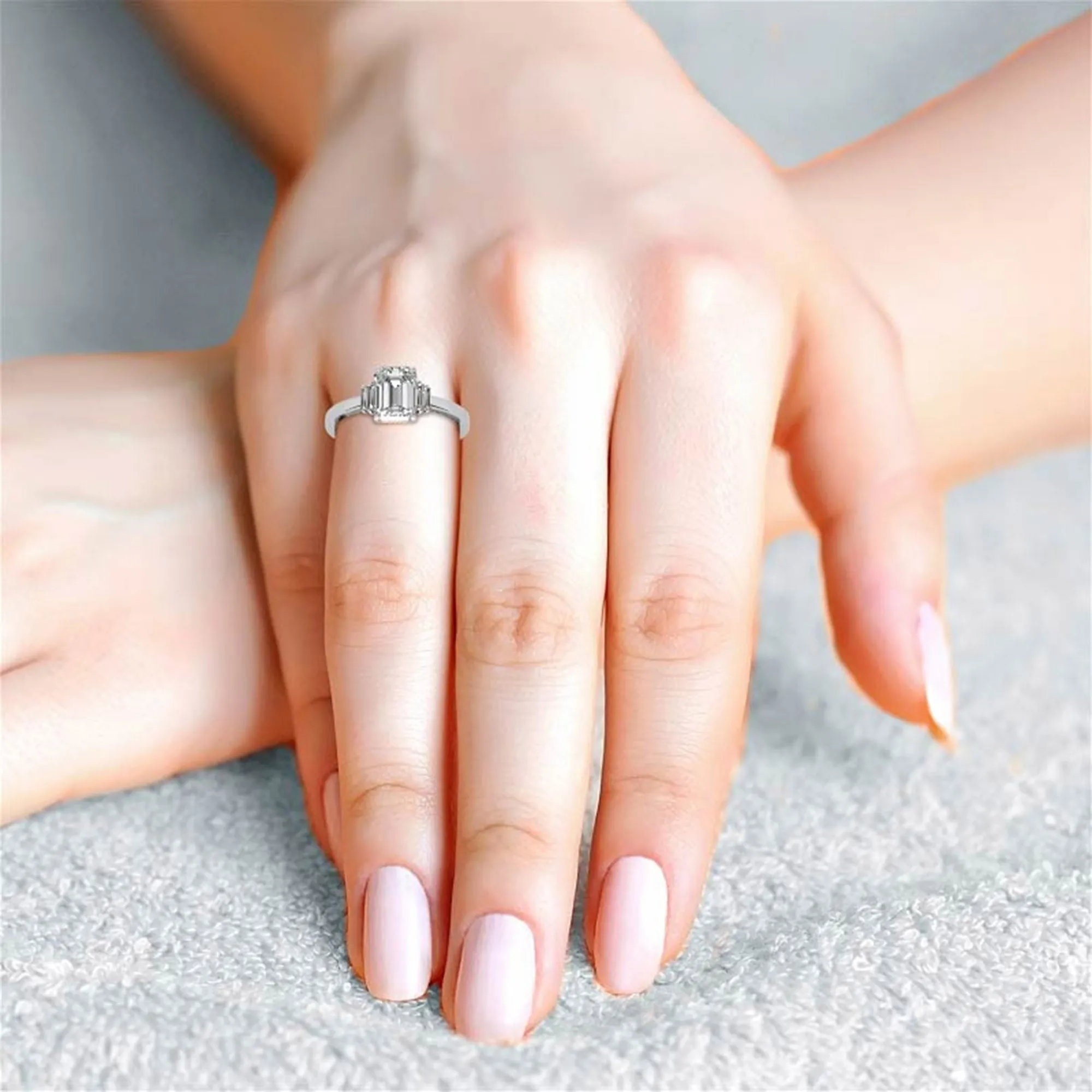 Sterling Silver Emerald-Cut Center Stone With Baguette Adjustable  Engagement White Gold Ring For Woman