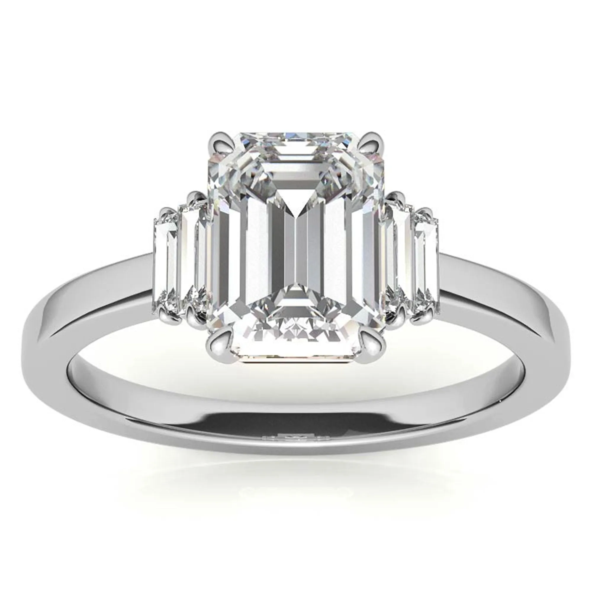 Sterling Silver Emerald-Cut Center Stone With Baguette Adjustable  Engagement White Gold Ring For Woman