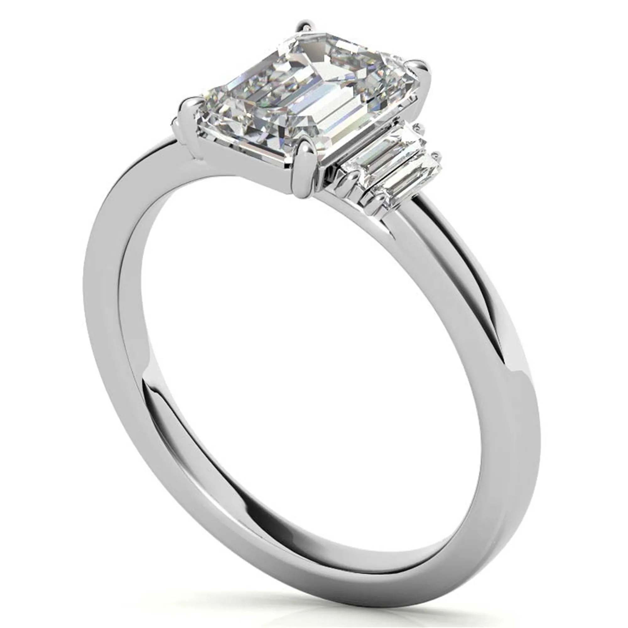 Sterling Silver Emerald-Cut Center Stone With Baguette Adjustable  Engagement White Gold Ring For Woman