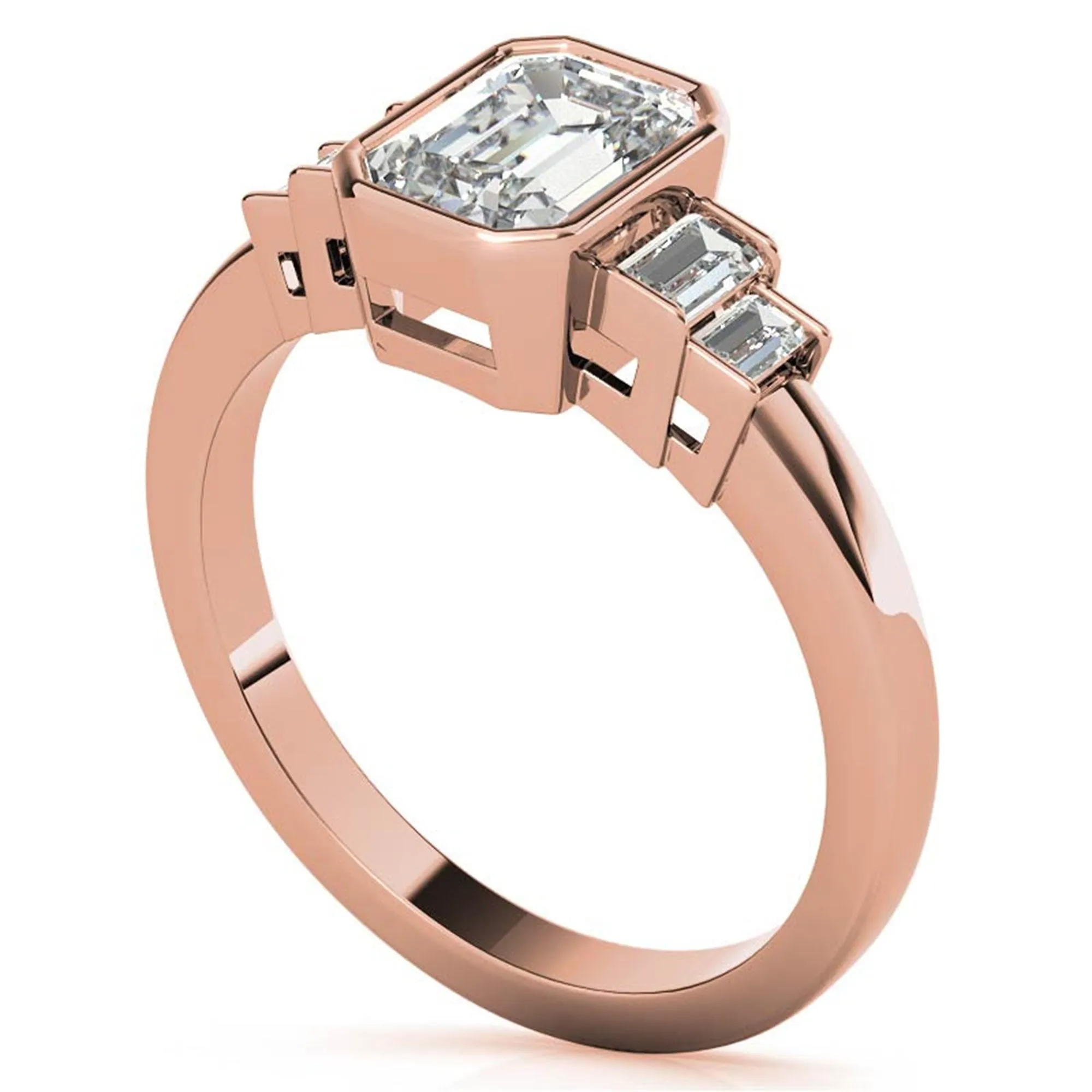 Sterling Silver Emerald-Cut Three-Stone Adjustable Engagement Rose Gold Ring For Woman