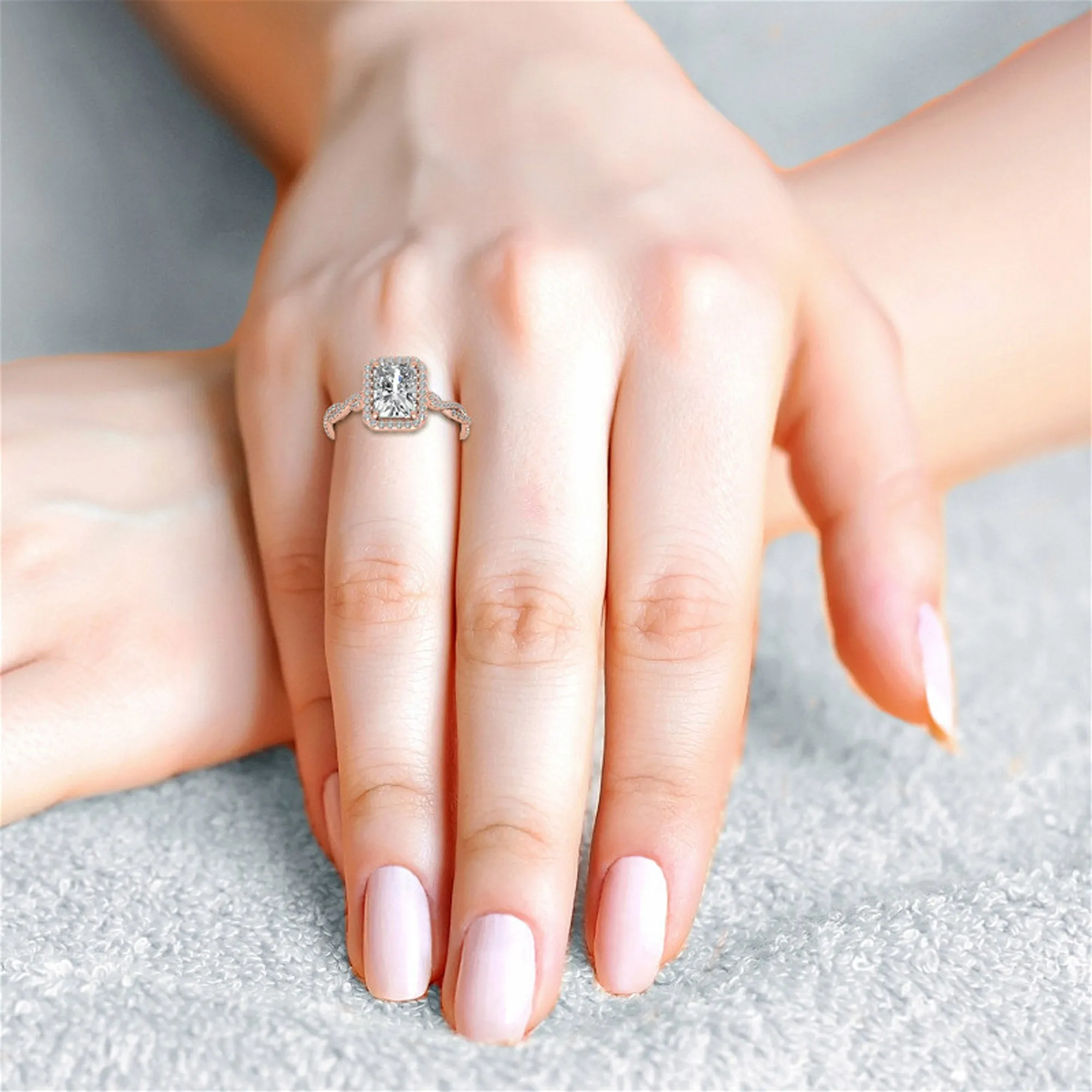 Sterling Silver Radiant Halo Twisted Band Adjustable Elegant Rose Gold Ring – Perfect for Engagement