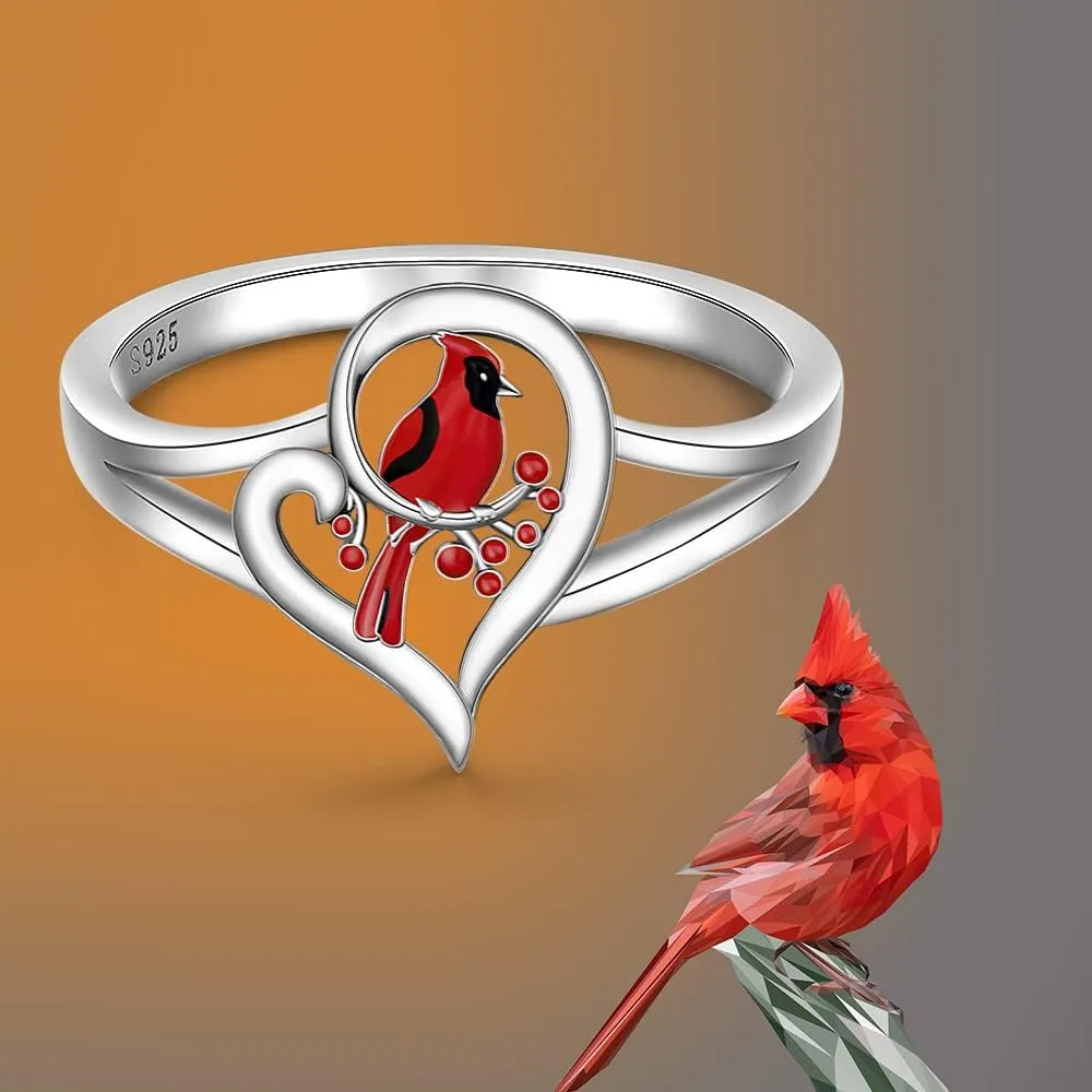 Sterling Silver Red Cardinal Ring for Women - Memorial Gifts for Loss of Loved One - 'Cardinals Appear When Angels Are Near' Bird Jewelry