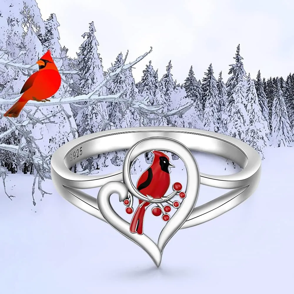 Sterling Silver Red Cardinal Ring for Women - Memorial Gifts for Loss of Loved One - 'Cardinals Appear When Angels Are Near' Bird Jewelry