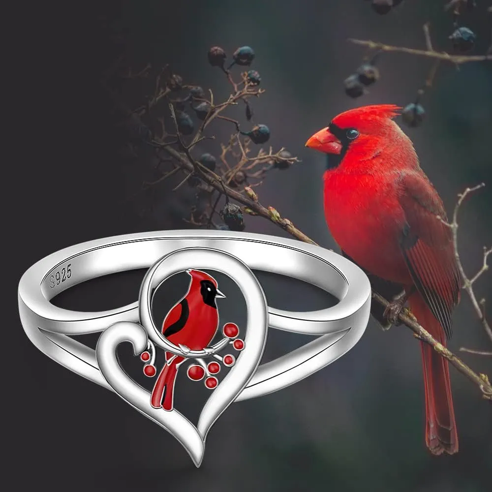 Sterling Silver Red Cardinal Ring for Women - Memorial Gifts for Loss of Loved One - 'Cardinals Appear When Angels Are Near' Bird Jewelry