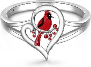 Sterling Silver Red Cardinal Ring for Women - Memorial Gifts for Loss of Loved One - 'Cardinals Appear When Angels Are Near' Bird Jewelry
