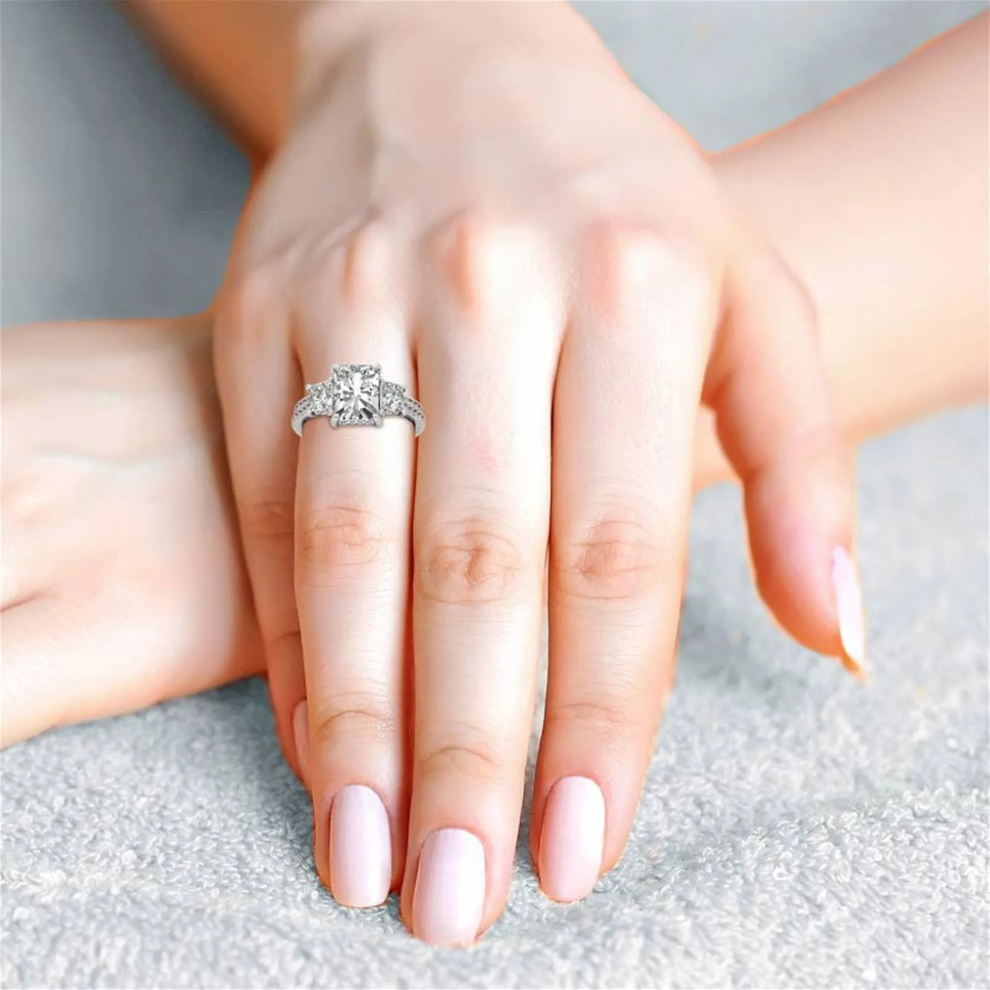 Sterling Silver Three-Stone Setting Adjustable Classic White Gold  Engagement Ring For Women