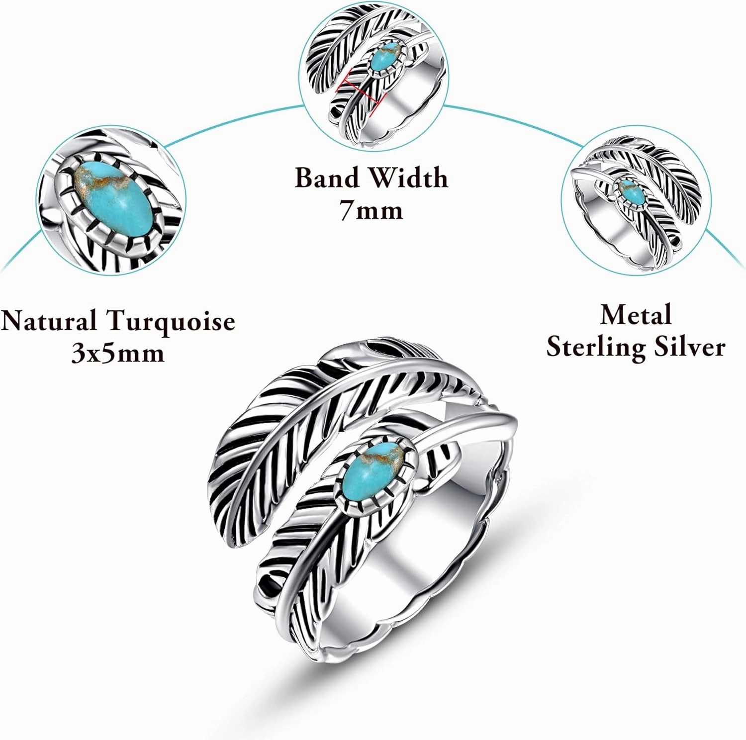 Sterling Silver Feather Ring with Black Onyx & Turquoise - Adjustable Stacking Vintage Statement Ring for Women & Men