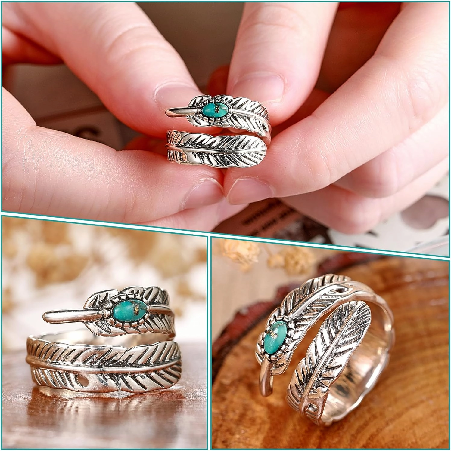 Sterling Silver Feather Ring with Black Onyx & Turquoise - Adjustable Stacking Vintage Statement Ring for Women & Men