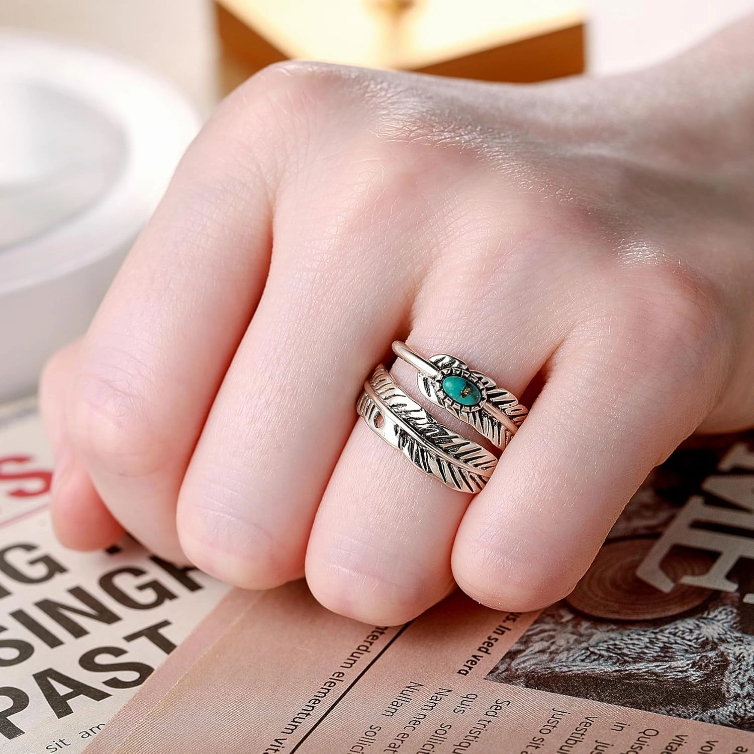 Sterling Silver Feather Ring with Black Onyx & Turquoise - Adjustable Stacking Vintage Statement Ring for Women & Men