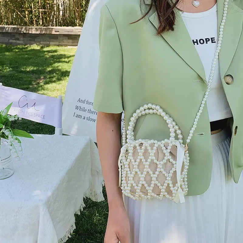 STOREXQ Retro Fairy Bag Woven Beads Bucket Bag Portable Messenger Bag Summer Niche Design Hollow Pearl Bag