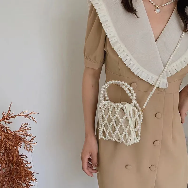 STOREXQ Retro Fairy Bag Woven Beads Bucket Bag Portable Messenger Bag Summer Niche Design Hollow Pearl Bag