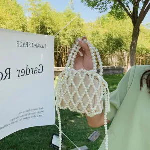 STOREXQ Retro Fairy Bag Woven Beads Bucket Bag Portable Messenger Bag Summer Niche Design Hollow Pearl Bag