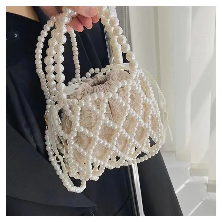 STOREXQ Retro Fairy Bag Woven Beads Bucket Bag Portable Messenger Bag Summer Niche Design Hollow Pearl Bag