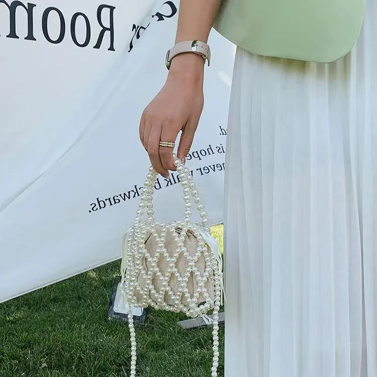 STOREXQ Retro Fairy Bag Woven Beads Bucket Bag Portable Messenger Bag Summer Niche Design Hollow Pearl Bag