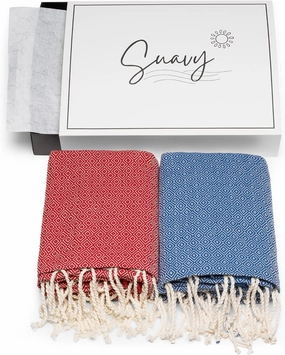 Suavy | Pack of 2 | Turkish Beach Towels | Sand-Free Quick Dry Towels | Turkish Handmade Bath Towels in Elegant Gift Box, Perfect for Beach, Picnic, Bathroom, Pool, and Travel | Royal Blue & Red