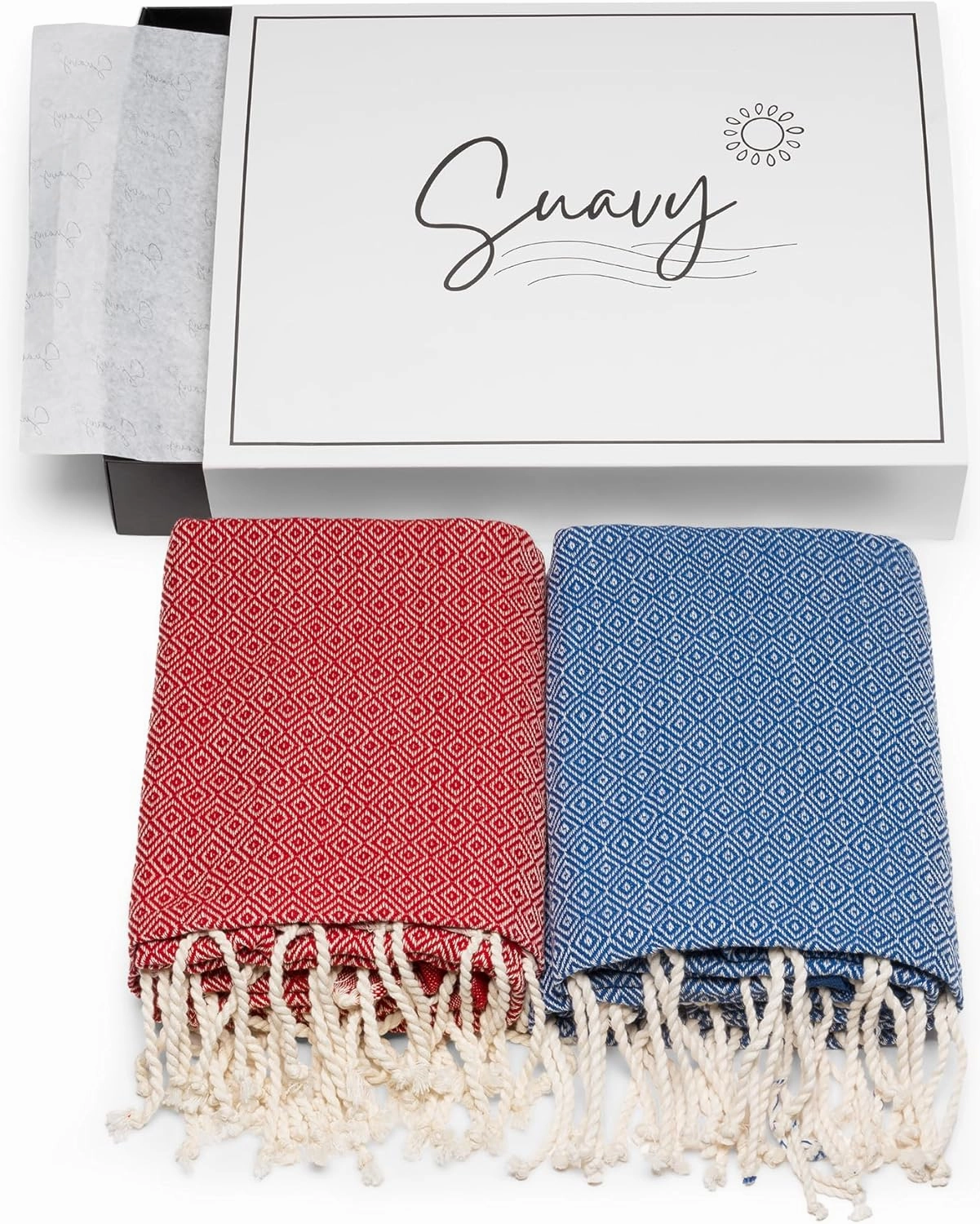 Suavy | Pack of 2 | Turkish Beach Towels | Sand-Free Quick Dry Towels | Turkish Handmade Bath Towels in Elegant Gift Box, Perfect for Beach, Picnic, Bathroom, Pool, and Travel | Royal Blue & Red