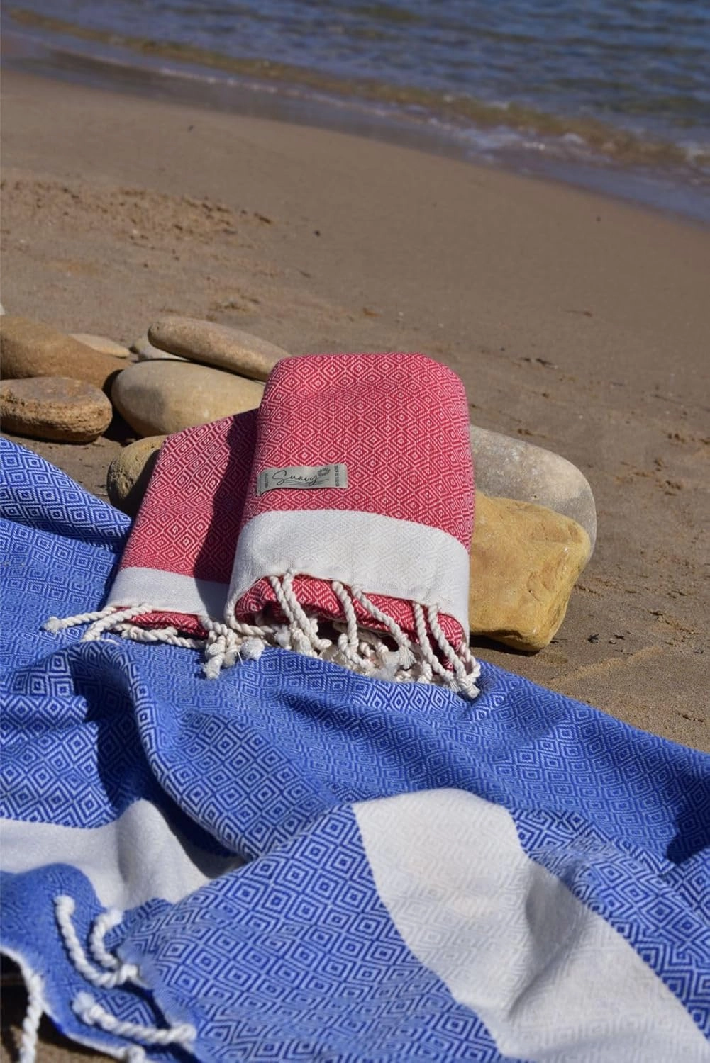 Suavy | Pack of 2 | Turkish Beach Towels | Sand-Free Quick Dry Towels | Turkish Handmade Bath Towels in Elegant Gift Box, Perfect for Beach, Picnic, Bathroom, Pool, and Travel | Royal Blue & Red