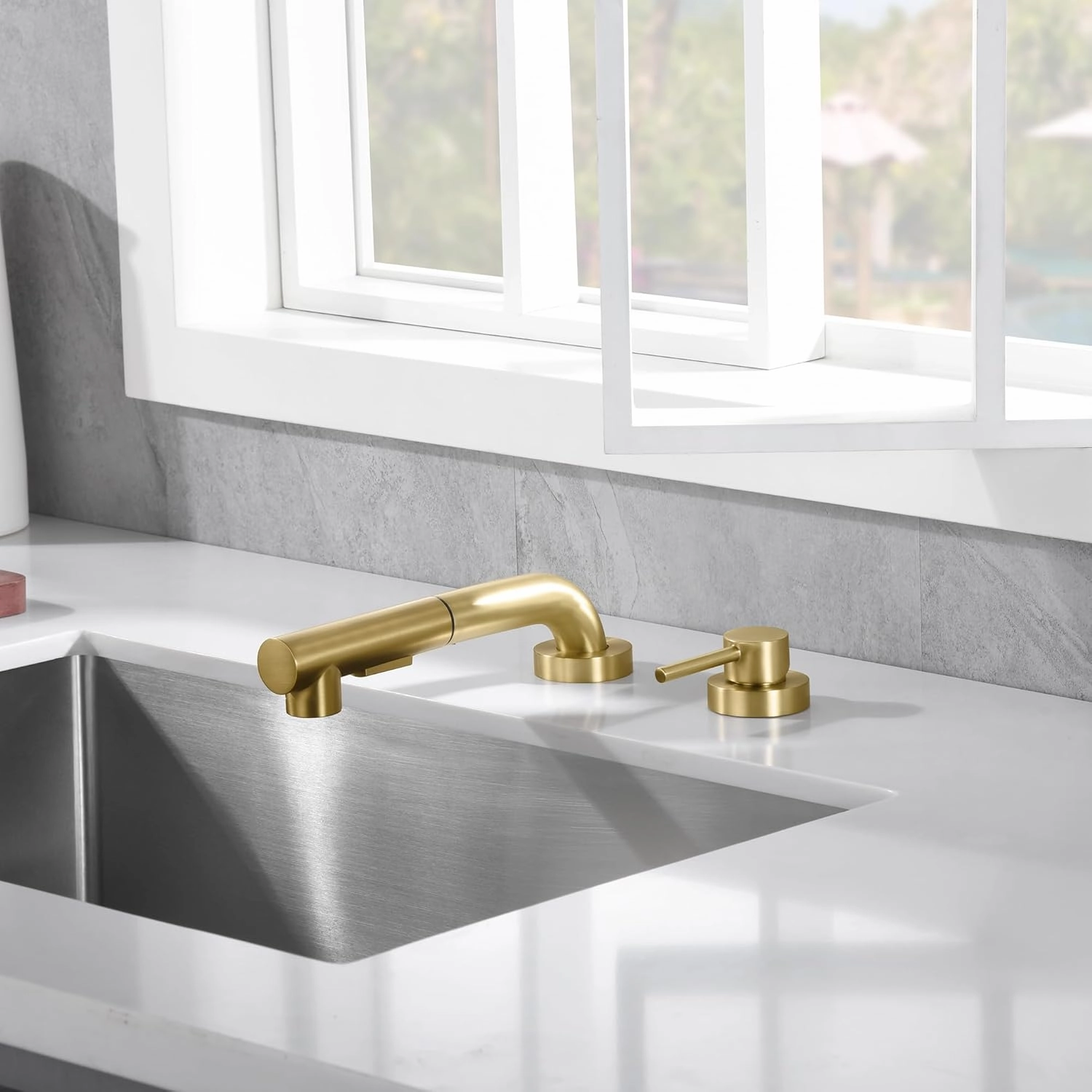SUMERAIN Kitchen Sink Faucet with Pull Out Sprayer and Side Handle, 2 Hole Sink Faucet Brushed Gold
