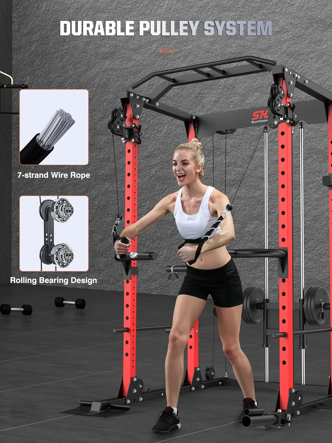 SunHome Power Cage Squat Rack, Multi-Functional Power Rack with Adjustable Cable Crossover System, J-Hooks, Dip Handles, Weight Plate Storage