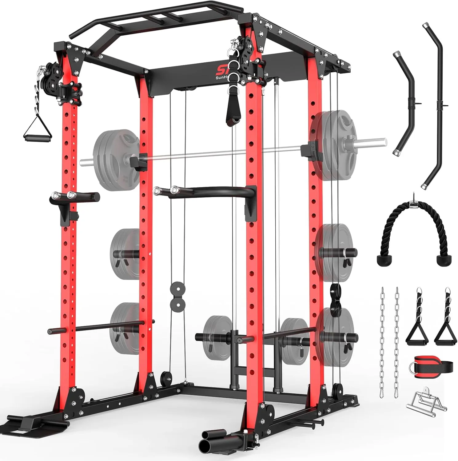 SunHome Power Cage Squat Rack, Multi-Functional Power Rack with Adjustable Cable Crossover System, J-Hooks, Dip Handles, Weight Plate Storage