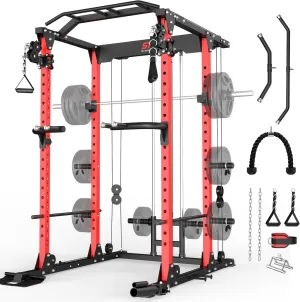 SunHome Power Cage Squat Rack, Multi-Functional Power Rack with Adjustable Cable Crossover System, J-Hooks, Dip Handles, Weight Plate Storage