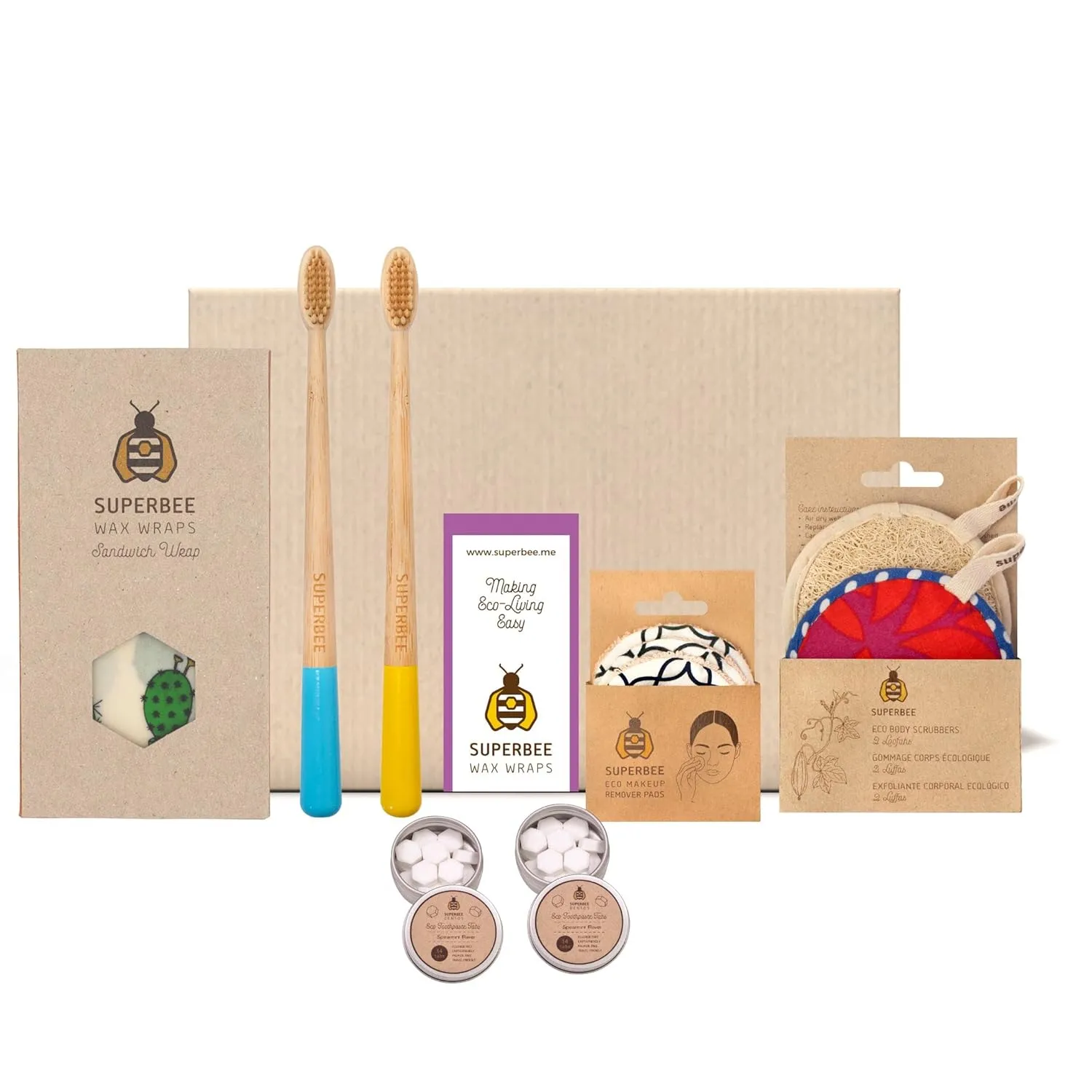 SuperBee Women Gift Box - Toothpaste Tablets, Natural Body scrubbers, Soft Bristles Bamboo toothbrushes, Make up Removal Pads, Beeswax wrap - Eco Friendly Gift, Housewarming Gift Christmas Women Day …