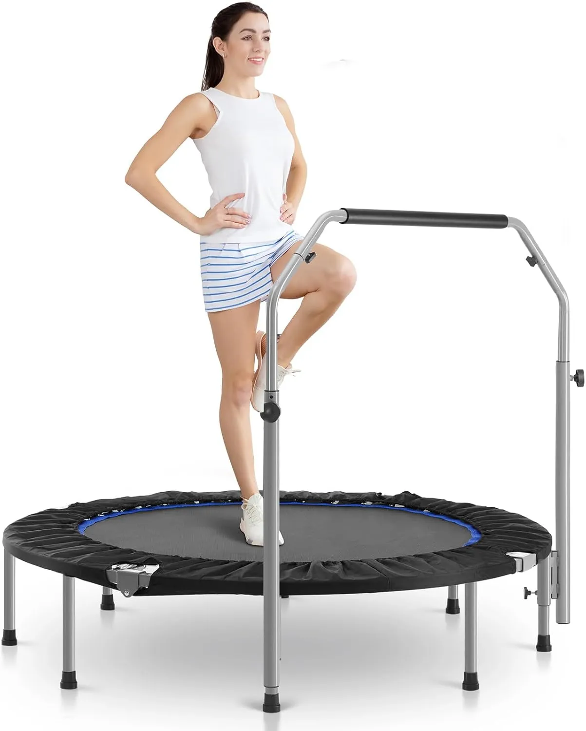 Sweetcrispy 40" in/48 in Mini Fitness Trampoline - 330LBS Foldable Exercise Rebounder with Adjustable Handle, Stable and Quiet, for Adults Indoor/Outdoor Workout