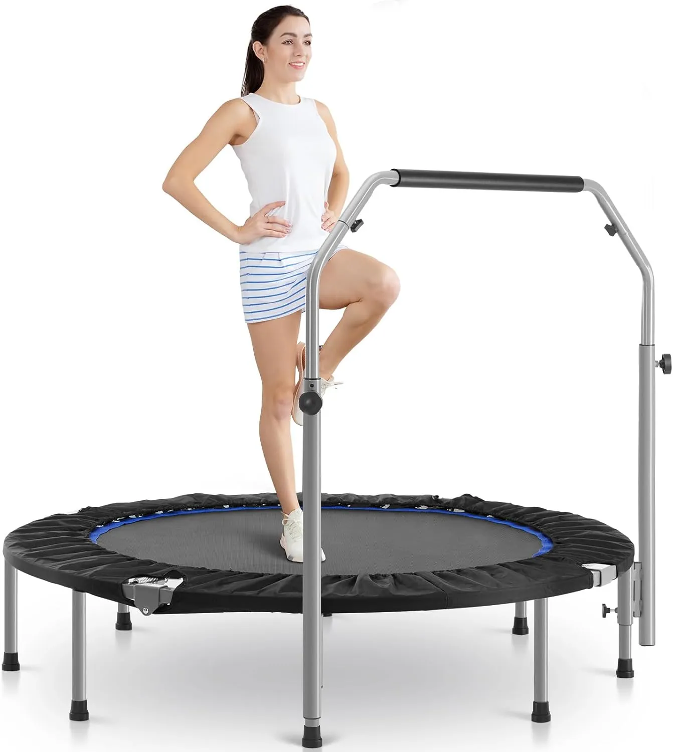 Sweetcrispy 40" in/48 in Mini Fitness Trampoline - 330LBS Foldable Exercise Rebounder with Adjustable Handle, Stable and Quiet, for Adults Indoor/Outdoor Workout