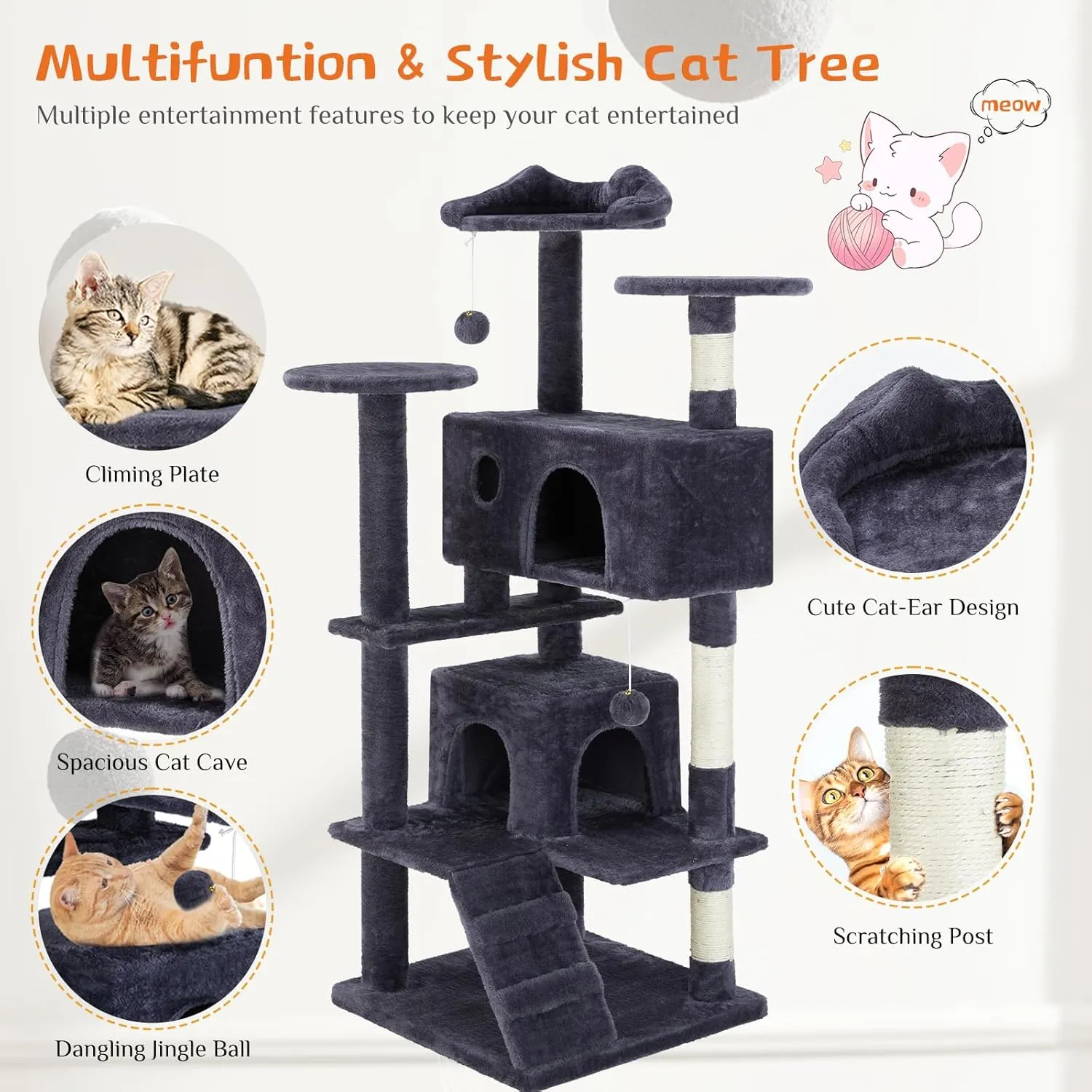 Sweetcrispy 54-Inch Cat Tree Tower – Multi-Level with Sisal Scratching Post, Perfect Pet Gift, Indoor Condo with Climbing Ladder, Plush Toy, and More Animal Stuff, Grey