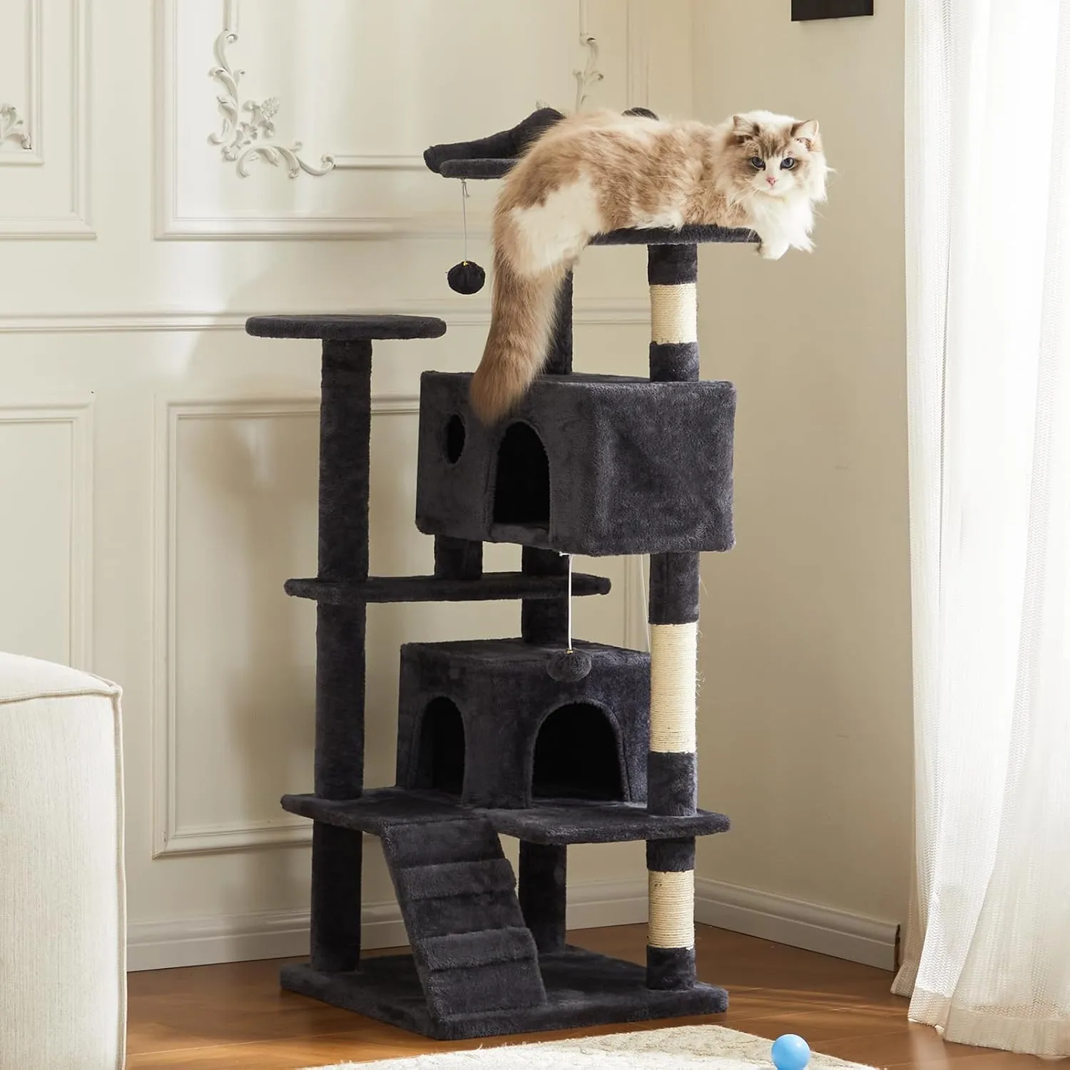 Sweetcrispy 54-Inch Cat Tree Tower – Multi-Level with Sisal Scratching Post, Perfect Pet Gift, Indoor Condo with Climbing Ladder, Plush Toy, and More Animal Stuff, Grey