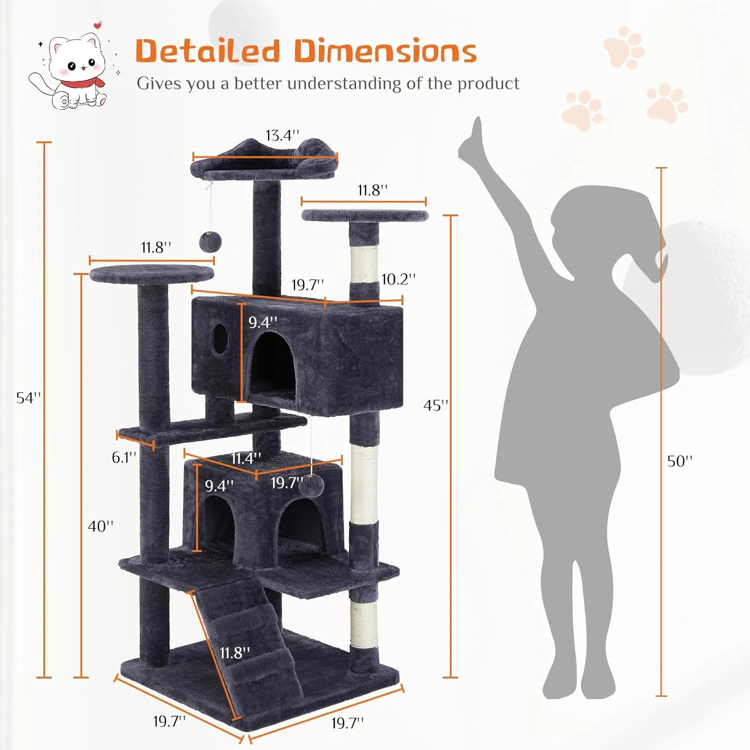 Sweetcrispy 54-Inch Cat Tree Tower – Multi-Level with Sisal Scratching Post, Perfect Pet Gift, Indoor Condo with Climbing Ladder, Plush Toy, and More Animal Stuff, Grey